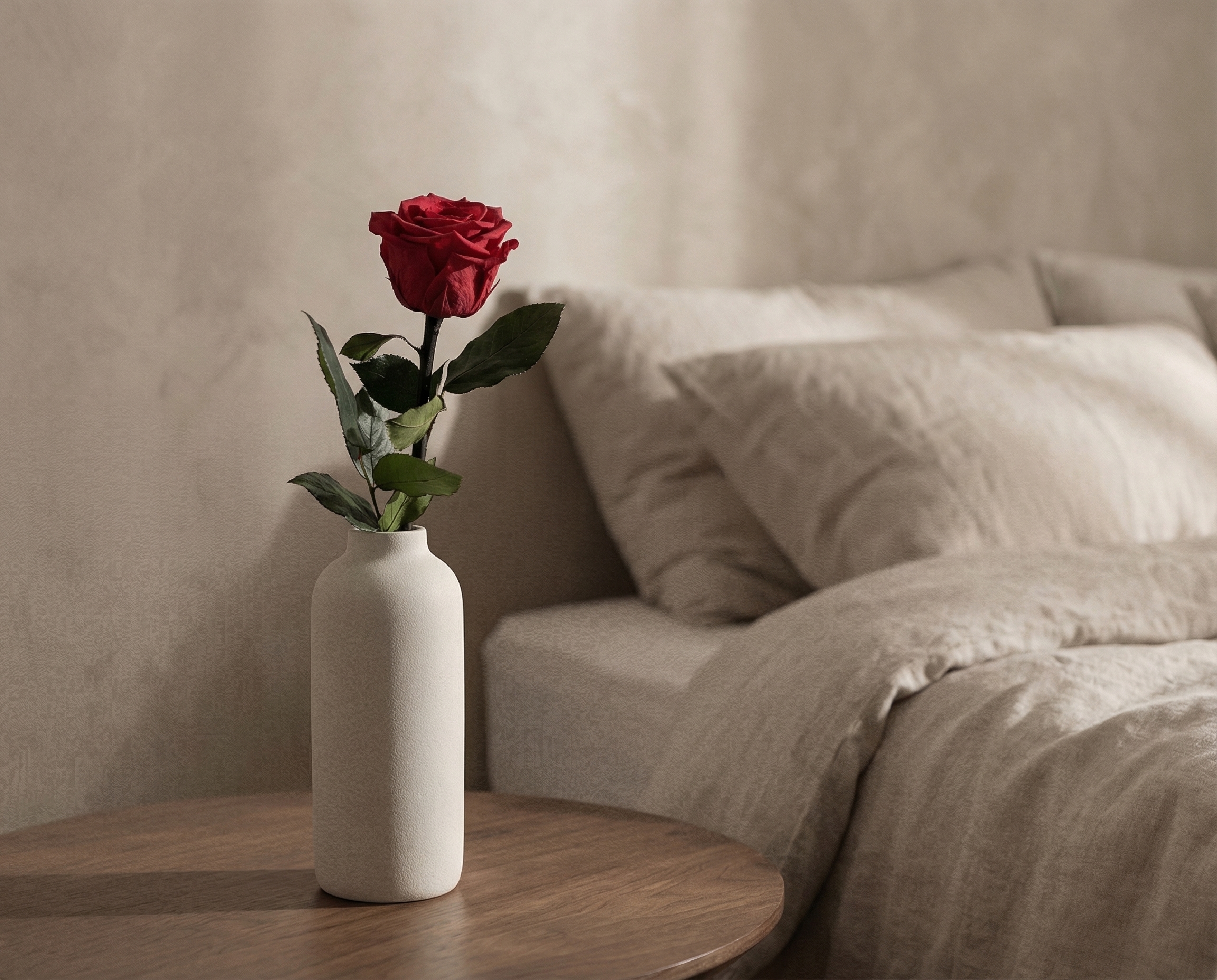 Stök rós í vasa í raunverulegu umhverfi